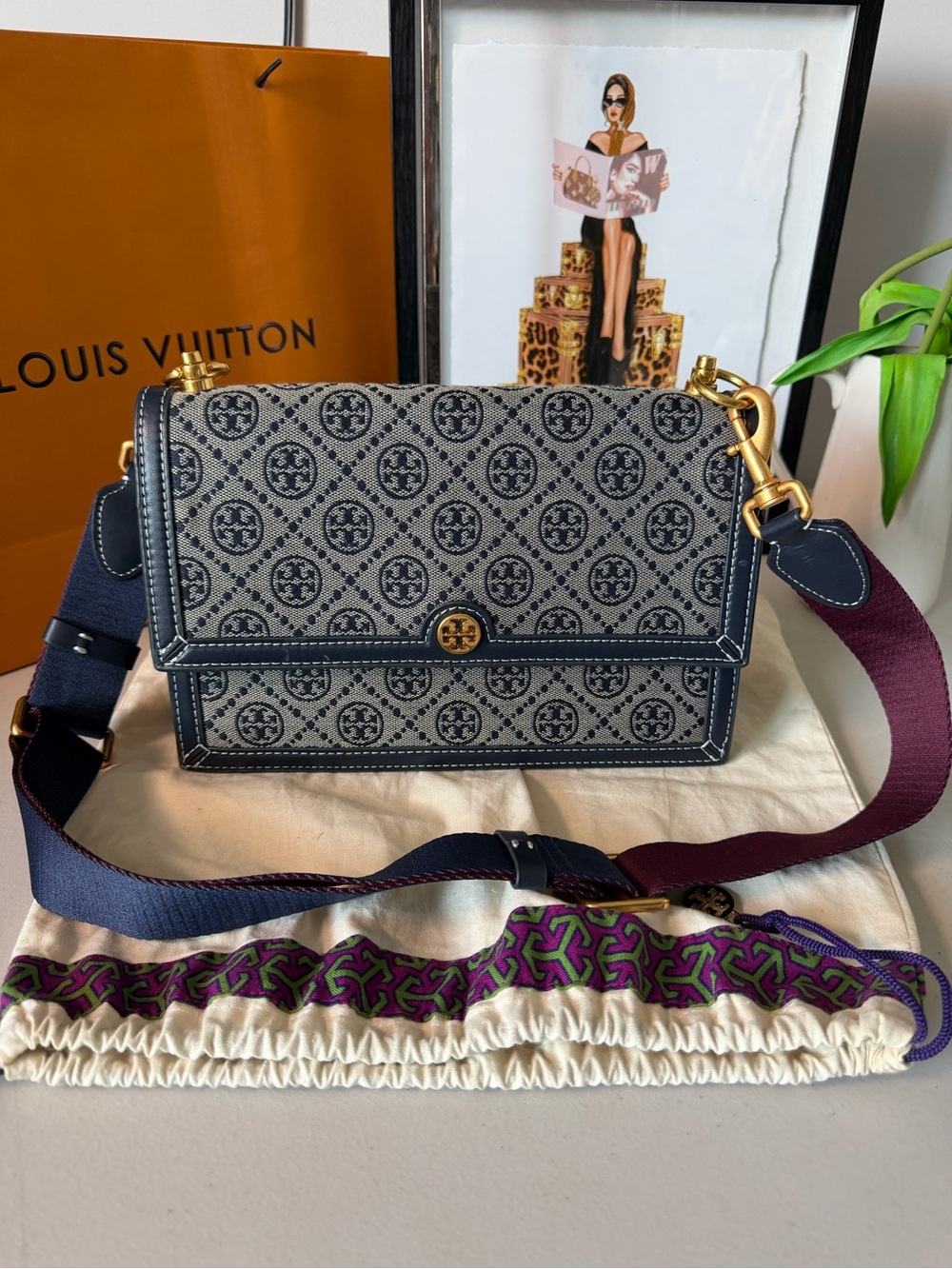Tory Burch T Monogram Jacquard Shoulder Bag – Medium – Navy/Gray – Like New